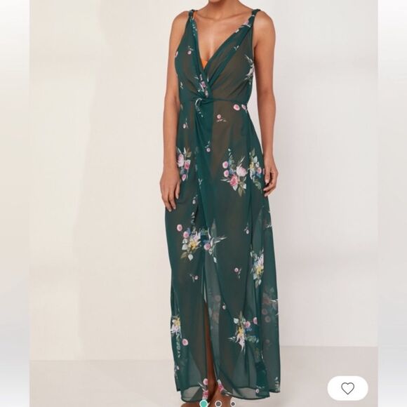 Ted Baker Green Floral Plunge Knot Twist Front Cover Up Beach Pool Dress Medium - Picture 2 of 6